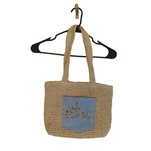 Cappelli Straworld Handbag Tote Tan Blue Embroidered Floral Front Jean Pocket